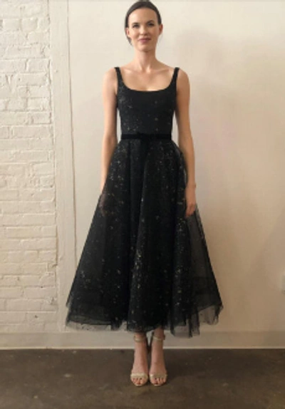 MARCHESA NOTTE SLEEVELESS GLITTER TULLE MIDI-TEA DRESS