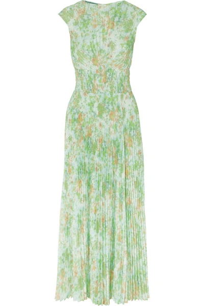 Prada Pleated Floral-print Crepe De Chine Maxi Dress In Light Green