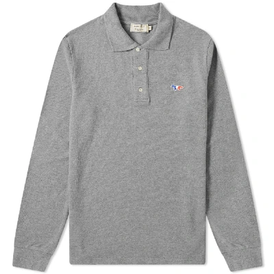 Shop Maison Kitsune Long Sleeve Tricolour Fox Patch Polo In Grey