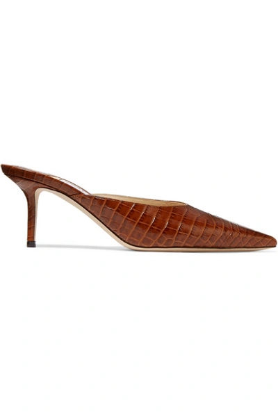 Shop Jimmy Choo Rav 65 Croc effect Leather Mules In Tan
