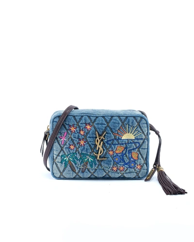 SAINT LAURENT LOU YSL MONOGRAM QUILTED EMBROIDERED DENIM CROSSBODY CAMERA BAG