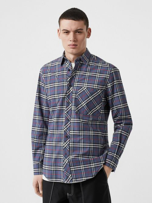 Shop Burberry Small Scale Check Stretch Cotton Shirt In Carbon Blue