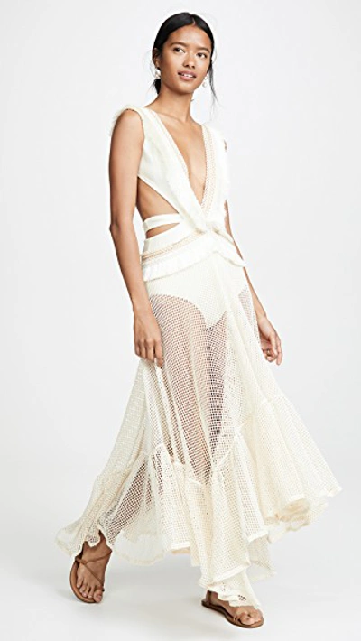 PATBO FRINGE AND MESH CUTOUT MAXI DRESS