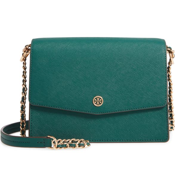 Shop Tory Burch Robinson Convertible Coated Saffiano Leather Shoulder Bag  In Malachite