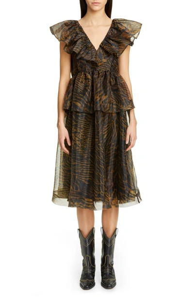 GANNI TIGER PRINT ORGANZA MIDI DRESS