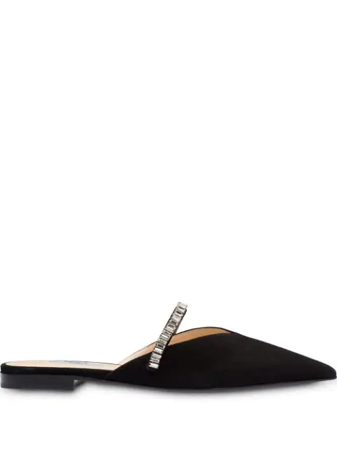 Shop Prada Flat Suede Mules With Crystals In Black