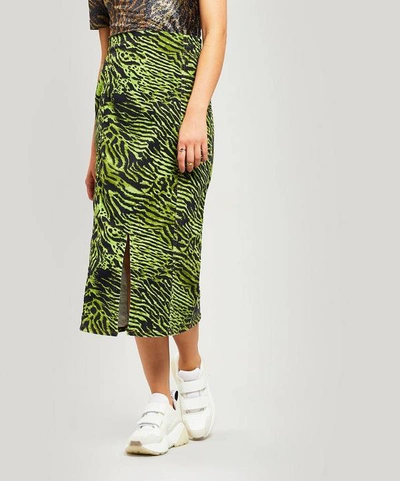 GANNI TIGER PRINT DENIM MIDI SKIRT