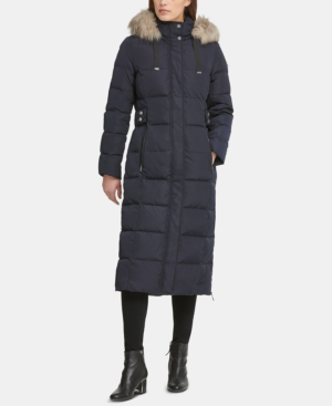 navy faux fur trim hooded puffer jacket