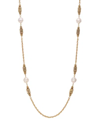 2028 FAUX CULTIVATED PEARL FLUTED BRASS LONG NECKLACE