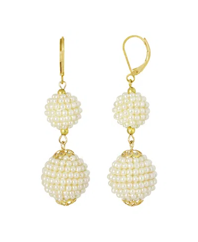 2028 GOLD-TONE DOUBLE SEEDED IMITATION PEARL DROP BALL EARRINGS