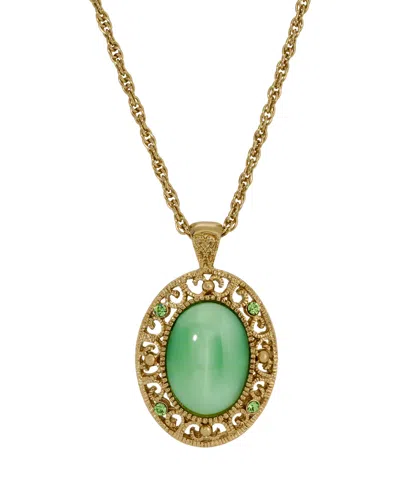 2028 GOLD TONE GREEN MOONSTONE CRYSTAL OVAL PENDANT NECKLACE