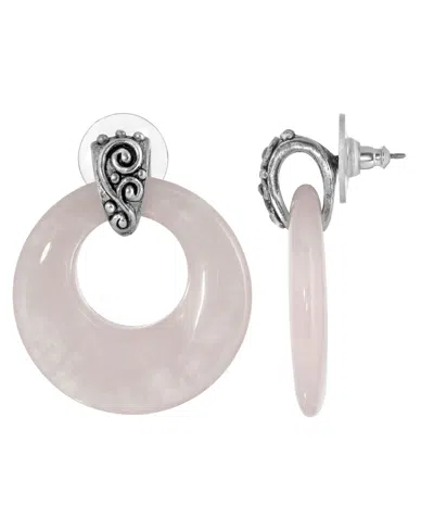 2028 PEWTER SEMI PRECIOUS ROUND ROSE QUARTS HOOP EARRINGS