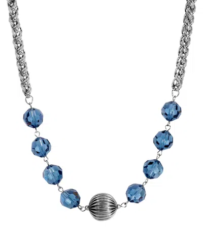 2028 SILVER TONE BLUE GLASS BEAD NECKLACE
