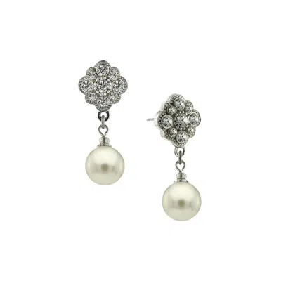 2028 SILVER-TONE CRYSTAL AND SIMULATED PEARL ROUND DROP EARRINGS