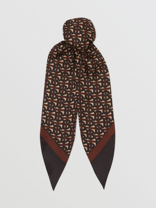 Shop Burberry Monogram Print Silk Hair Scarf In Deep Brown