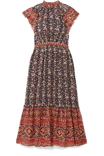 ULLA JOHNSON ALASTAIR RUFFLED PRINTED FIL COUPÉ SILK AND LUREX-BLEND MIDI DRESS