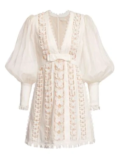 Zimmermann Super 8 Butterfly Lace Eyelet Puff-sleeve Silk & Linen Dress In  Ivory