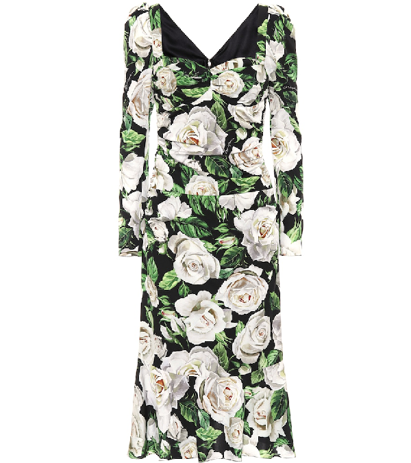 Shop Dolce & Gabbana Floral Stretch-silk Dress In Green