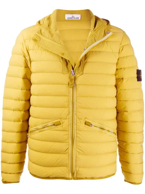 Shop Stone Island Logo Embroidered Padded Jacket In Yellow