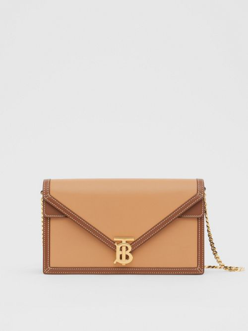 Shop Burberry Small Two-tone Leather Tb Envelope Clutch In Malt Brown