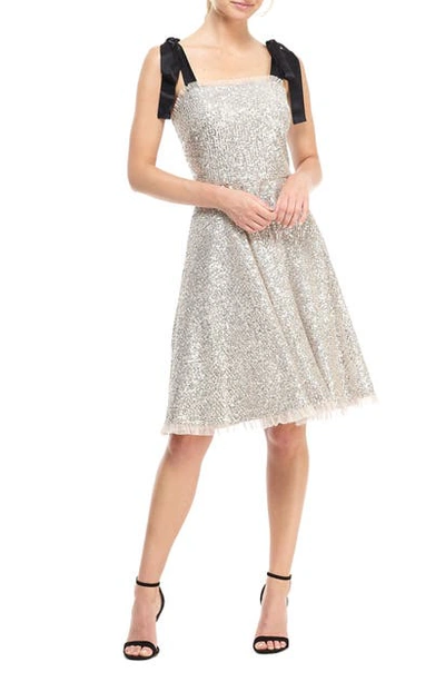 GAL MEETS GLAM COLLECTION DIANA SEQUIN COCKTAIL DRESS WITH SATIN SHOULDER TIES