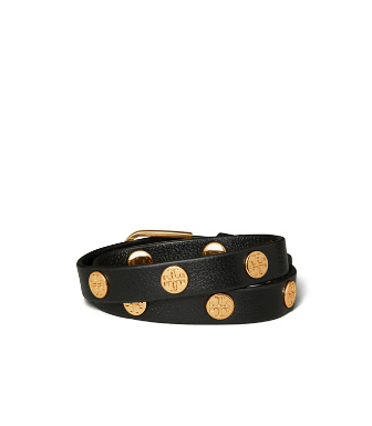Shop Tory Burch Double-wrap Logo Stud Bracelet In Black/tory Gold