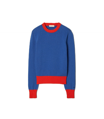 Shop Tory Burch Cashmere Color-block Sweater In Nautical Blue/brilliant Red