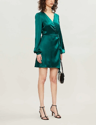 Reformation Starlight Wrap-over Puffed-sleeve Silk Mini Dress In Emerald