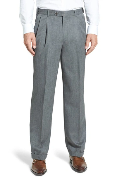 BERLE BERLE SELF SIZER WAIST PLEATED CLASSIC FIT WOOL GABARDINE DRESS PANTS
