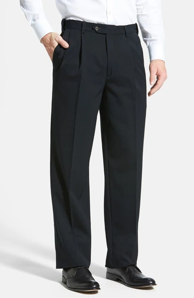 BERLE BERLE SELF SIZER WAIST PLEATED CLASSIC FIT WOOL GABARDINE DRESS PANTS