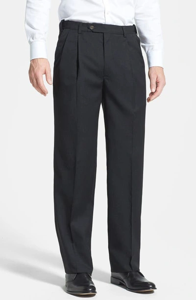 BERLE BERLE SELF SIZER WAIST PLEATED CLASSIC FIT WOOL GABARDINE DRESS PANTS