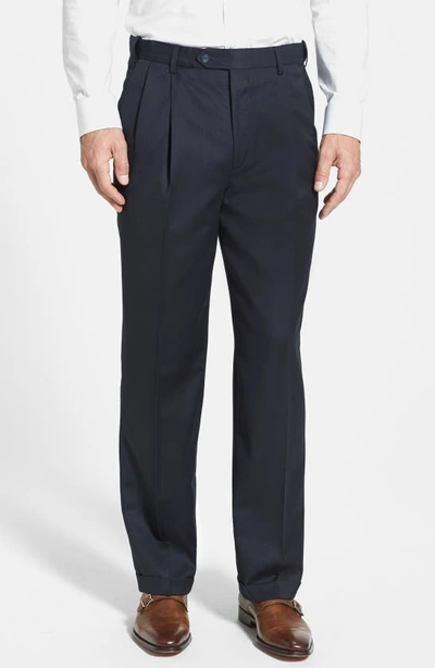BERLE BERLE SELF SIZER WAIST PLEATED CLASSIC FIT WOOL GABARDINE DRESS PANTS