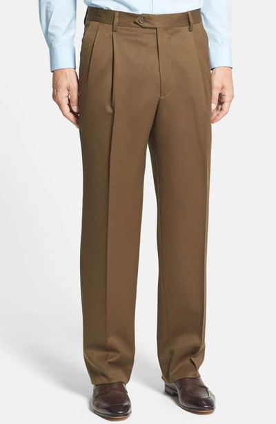 BERLE BERLE PLEATED CLASSIC FIT WOOL GABARDINE DRESS PANTS