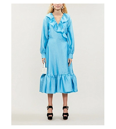 STINE GOYA WINTER SKY BLUE STEFFI RUFFLED-TRIM METALLIC MIDI DRESS