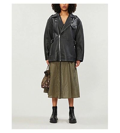 Ganni Oversized Leather Biker Jacket In Black