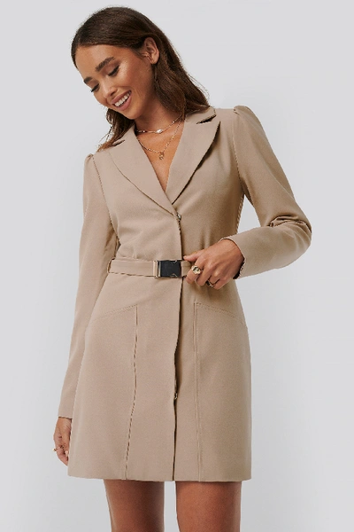 beige belted blazer dress Three Quarter Sleeve Double Breasted Belted Blazer Dress main image 0