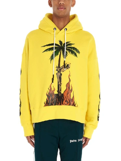 Shop Palm Angels Burning Skeleton Printed Hoodie In Yellow