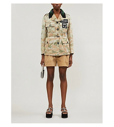 MIU MIU CAMOUFLAGE-PRINT CRYSTAL-EMBELLISHED COTTON JACKET