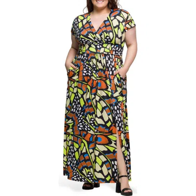 24SEVEN COMFORT APPAREL 24SEVEN COMFORT APPAREL BUTTERFLY PRINT V-NECK MAXI DRESS