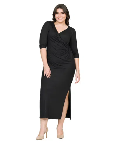 24SEVEN COMFORT APPAREL FITTED V-NECK SIDE SLIT MAXI DRESS