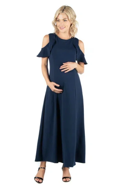 24SEVEN COMFORT APPAREL 24SEVEN COMFORT APPAREL MATERNITY RUFFLE COLD SHOULDER A-LINE MAXI DRESS