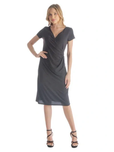 24SEVEN COMFORT APPAREL 24SEVEN COMFORT APPAREL PETITES SHORT SLEEVE KNEE LENGTH FAUX WRAP DRESS