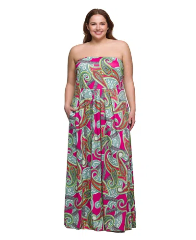24SEVEN COMFORT APPAREL PLUS SIZE A-LINE STRAPLESS MAXI DRESS WITH POCKETS