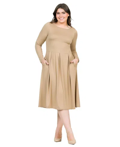 24SEVEN COMFORT APPAREL PLUS SIZE LONG SLEEVE FIT AND FLARE MIDI DRESS