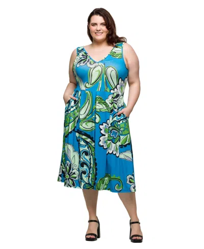 24SEVEN COMFORT APPAREL PLUS SIZE MIDI LENGTH PRINT SLEEVELESS PLEATED POCKET DRESS