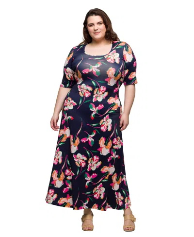 24SEVEN COMFORT APPAREL PLUS SIZE PRINT ELBOW SLEEVE CASUAL A-LINE MAXI DRESS