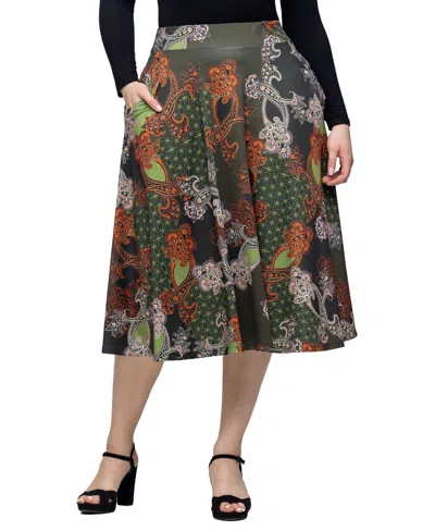 24SEVEN COMFORT APPAREL WOMEN'S GREEN PRINT ELASTIC WAIST POCKET MIDI SKIRT