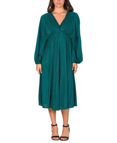 24SEVEN COMFORT APPAREL WOMEN'S PLEATED V NECK EMPIRE WAIST MIDI DRESS