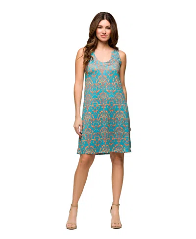 24SEVEN COMFORT APPAREL WOMEN'S TEAL SLEEVELESS KNEE LENGTH SHIFT DRESS