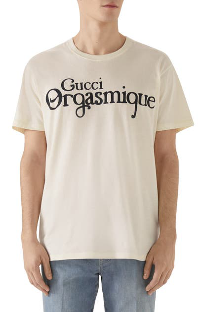 Shop Gucci Orgasmique Logo Graphic Oversize Cotton Tee In Natural/black
